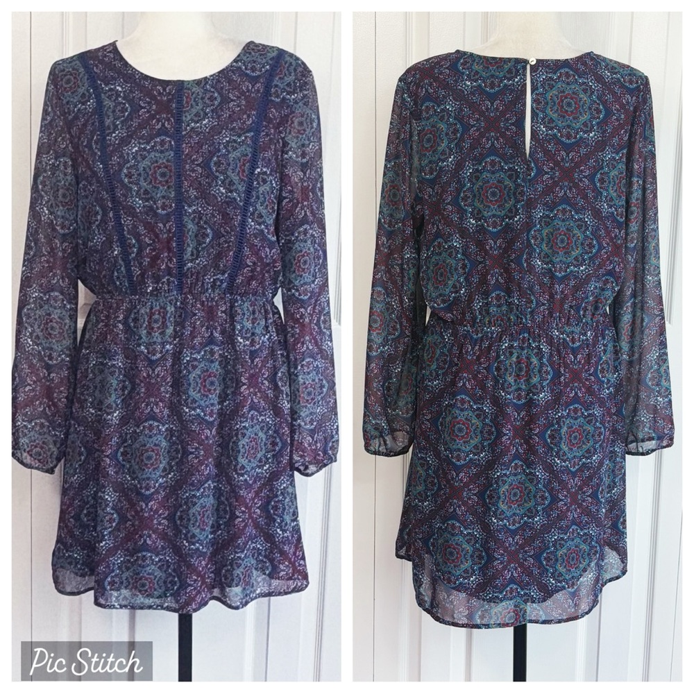DR2 by Daniel Rainn Navy Multi Boho Print Sheer Overlay Mini Dress Large